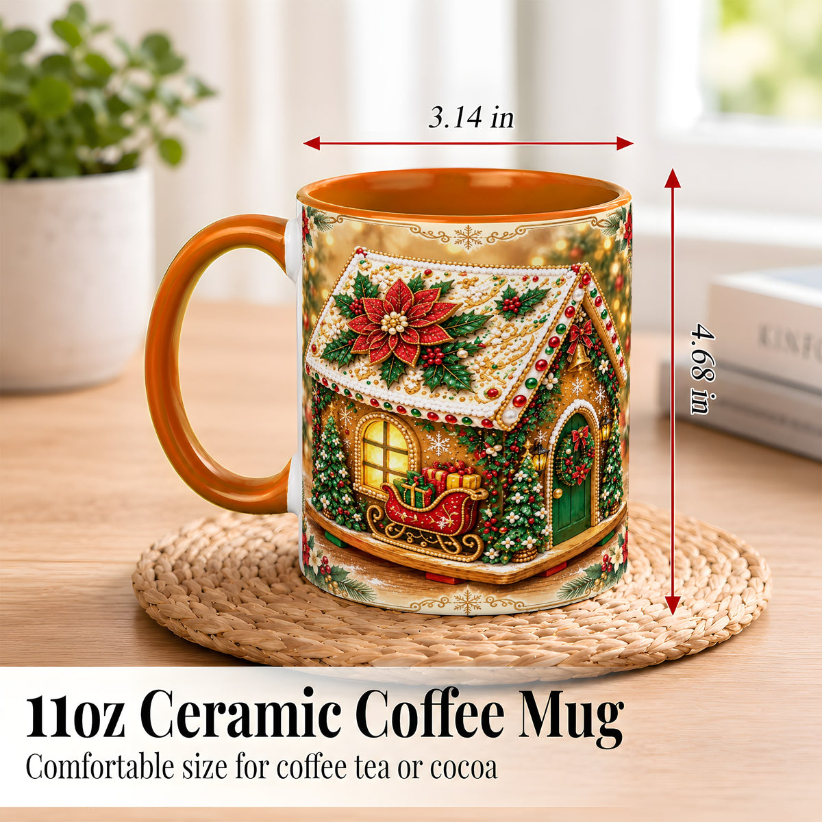 #pl[11oz|Orange] Christmas Gingerbread Coffee Mug, Poinsettia House Mug, Ceramic Cup