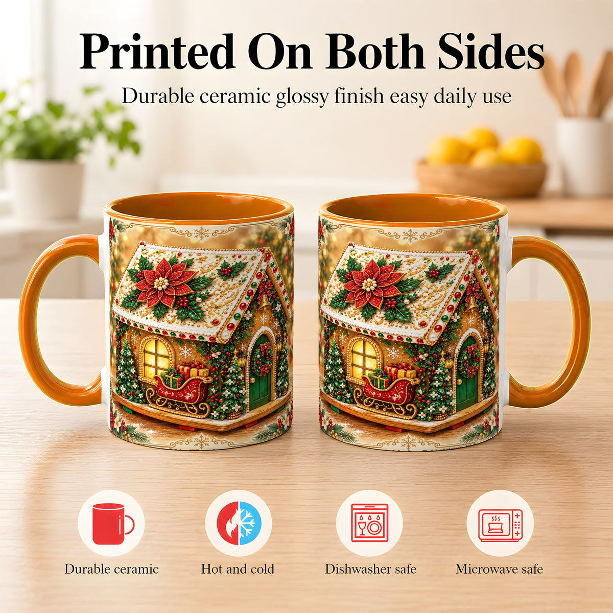 #pl[11oz|Orange] Christmas Gingerbread Coffee Mug, Poinsettia House Mug, Ceramic Cup
