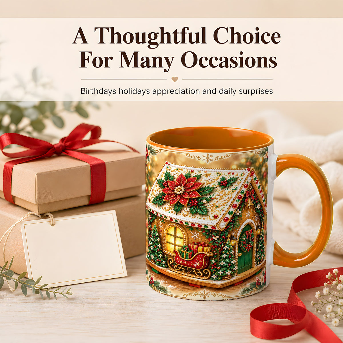 #pl[11oz|Orange] Christmas Gingerbread Coffee Mug, Poinsettia House Mug, Ceramic Cup