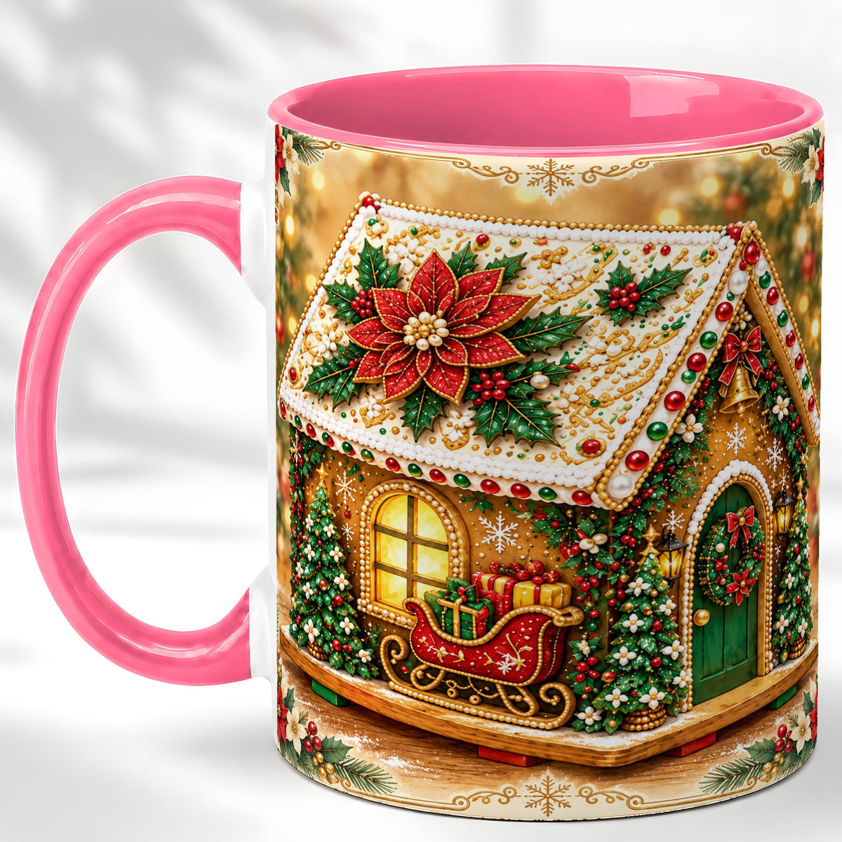 #pl[11oz|Pink] Christmas Gingerbread Coffee Mug, Poinsettia House Mug, Ceramic Cup