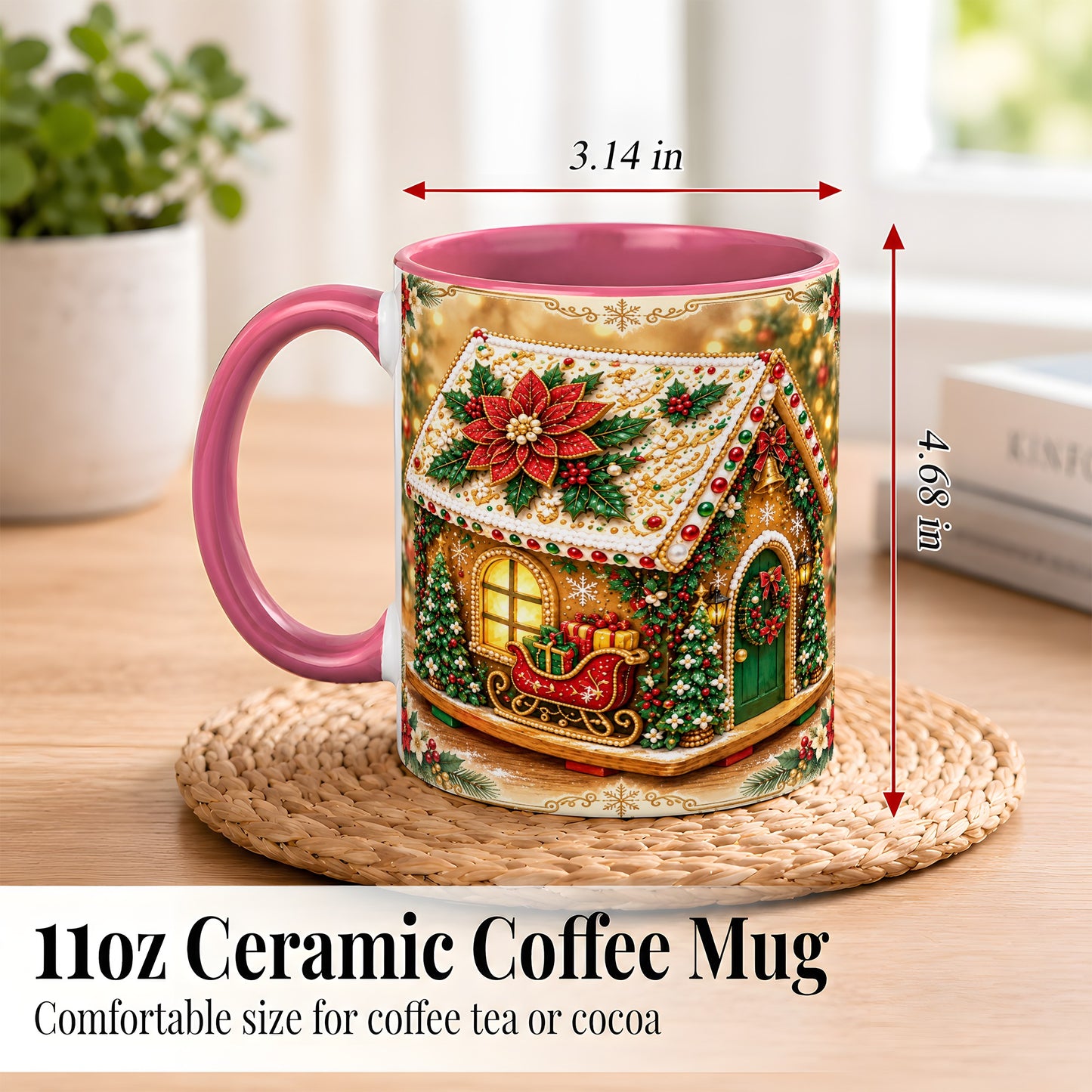 #pl[11oz|Pink] Christmas Gingerbread Coffee Mug, Poinsettia House Mug, Ceramic Cup
