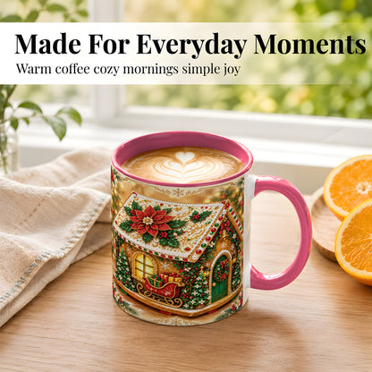 #pl[11oz|Pink] Christmas Gingerbread Coffee Mug, Poinsettia House Mug, Ceramic Cup