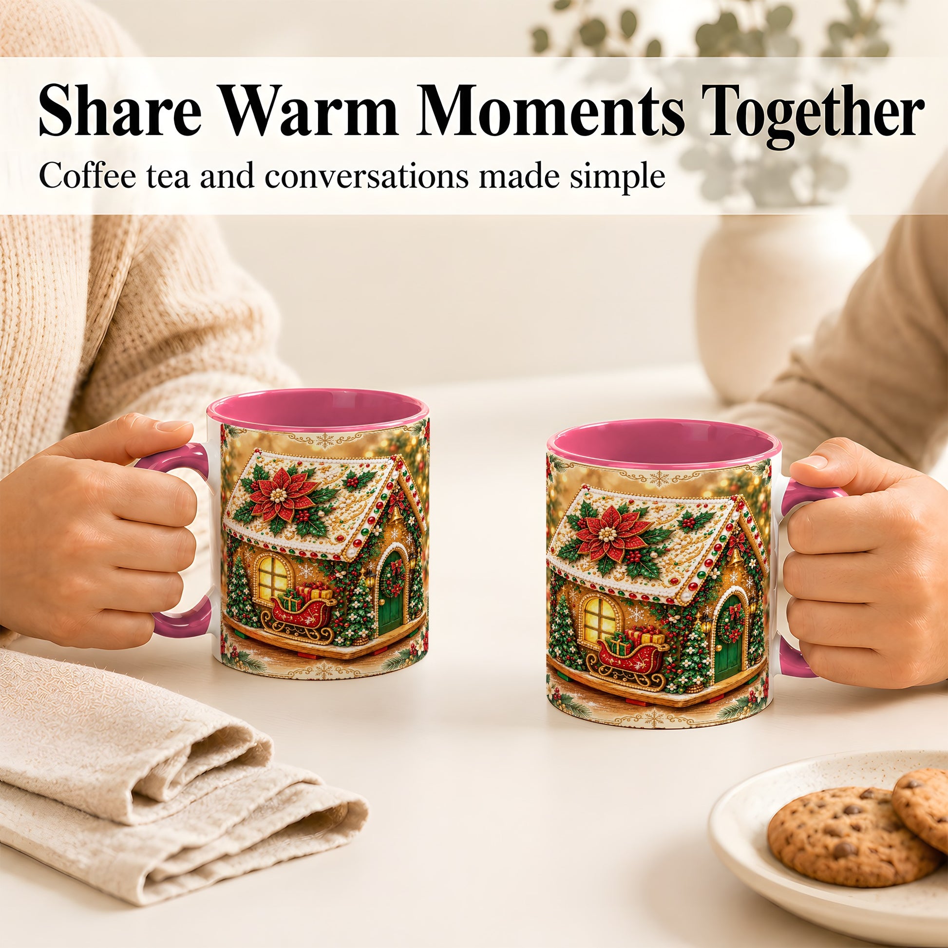 #pl[11oz|Pink] Christmas Gingerbread Coffee Mug, Poinsettia House Mug, Ceramic Cup