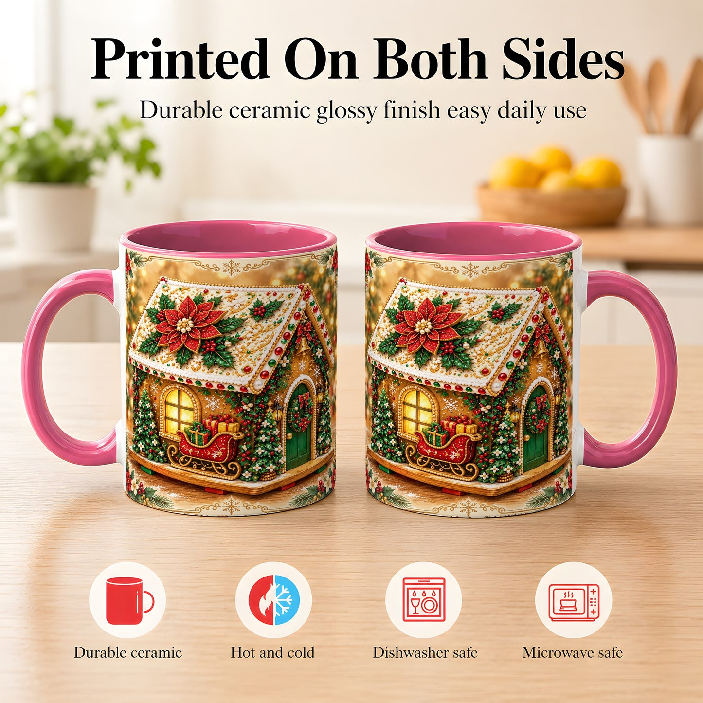 #pl[11oz|Pink] Christmas Gingerbread Coffee Mug, Poinsettia House Mug, Ceramic Cup