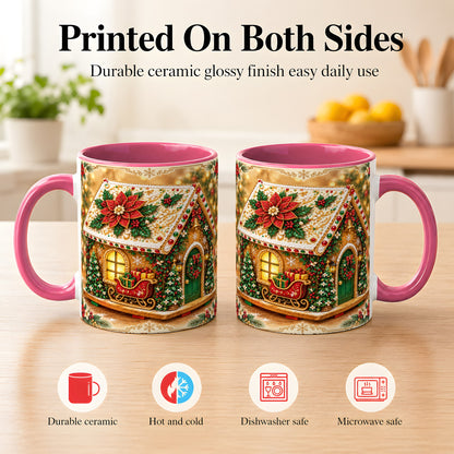 #pl[11oz|Pink] Christmas Gingerbread Coffee Mug, Poinsettia House Mug, Ceramic Cup