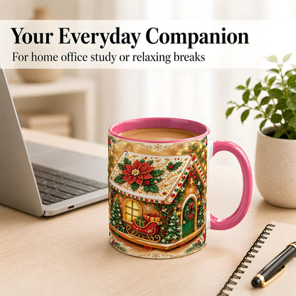 #pl[11oz|Pink] Christmas Gingerbread Coffee Mug, Poinsettia House Mug, Ceramic Cup
