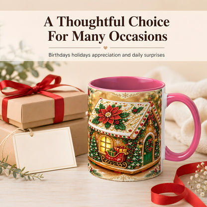 #pl[11oz|Pink] Christmas Gingerbread Coffee Mug, Poinsettia House Mug, Ceramic Cup