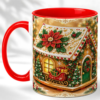 Christmas Gingerbread Coffee Mug, Poinsettia House Mug, Ceramic Cup