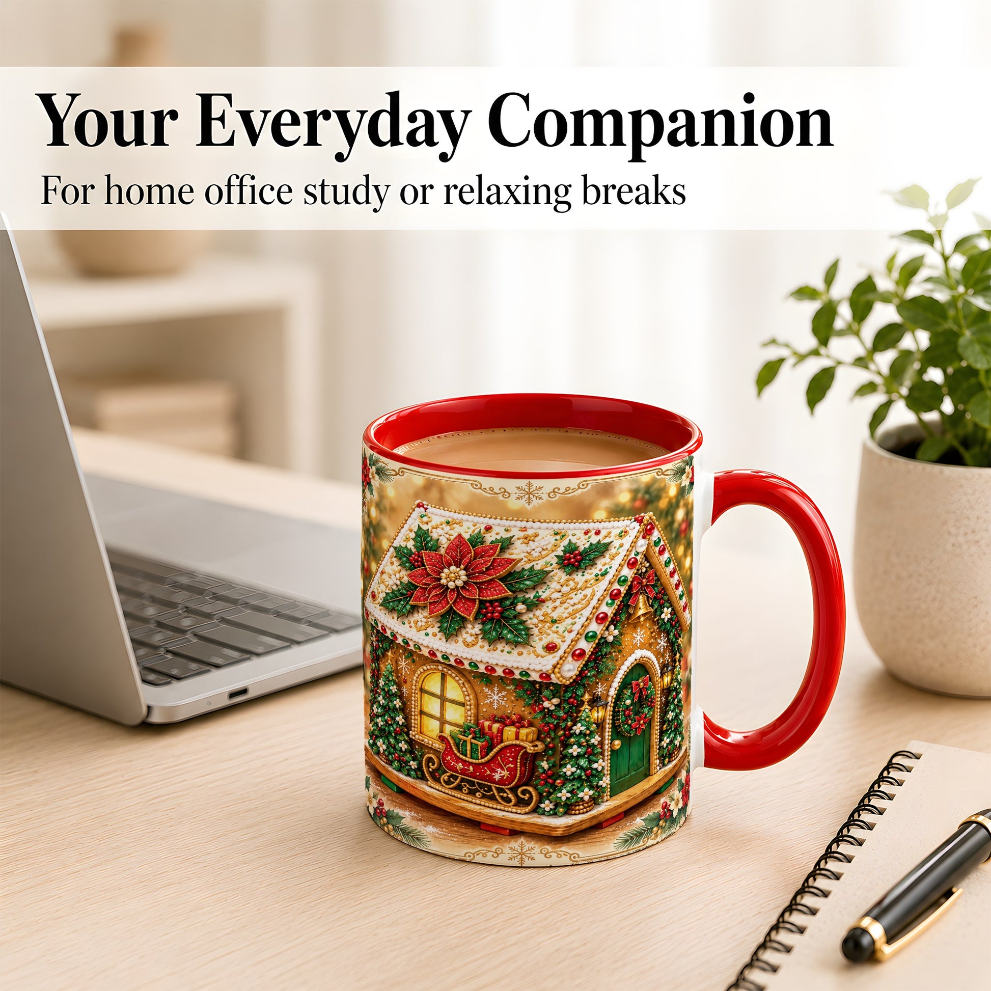 #pl[11oz|Red] Christmas Gingerbread Coffee Mug, Poinsettia House Mug, Ceramic Cup