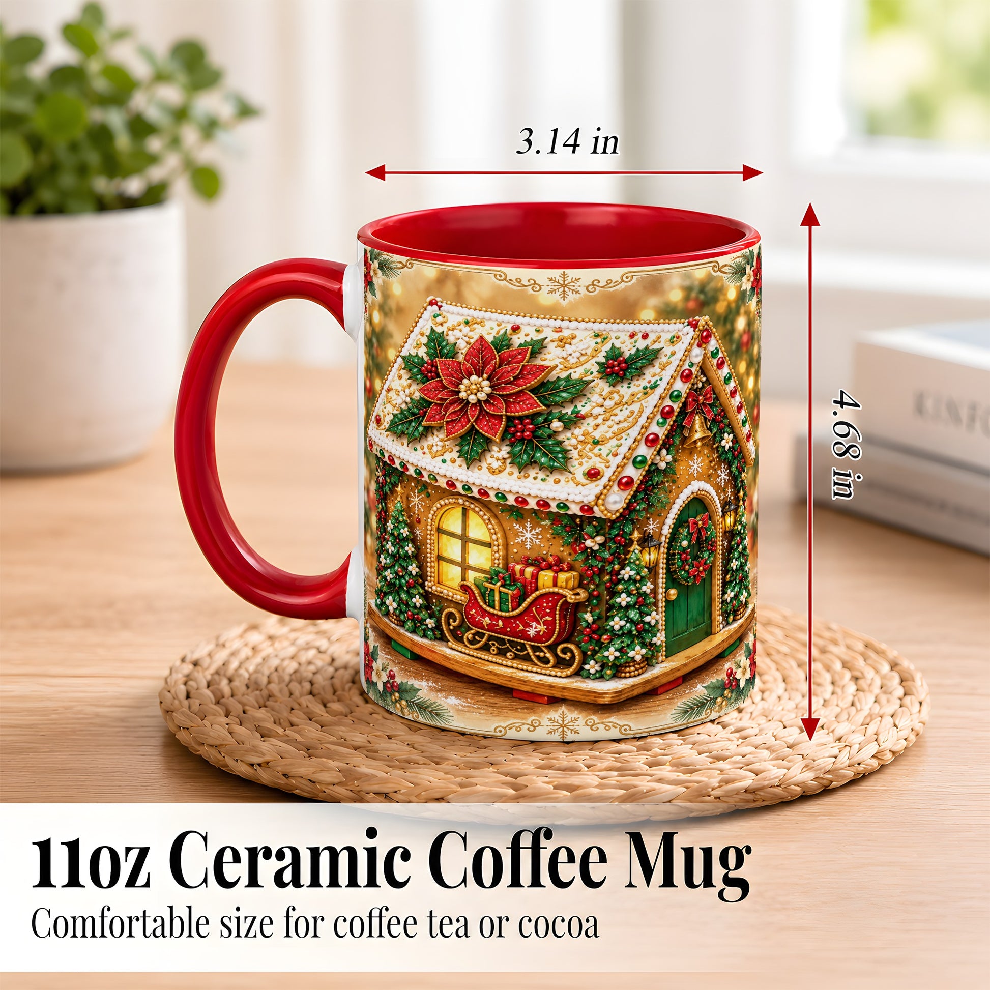 #pl[11oz|Red] Christmas Gingerbread Coffee Mug, Poinsettia House Mug, Ceramic Cup