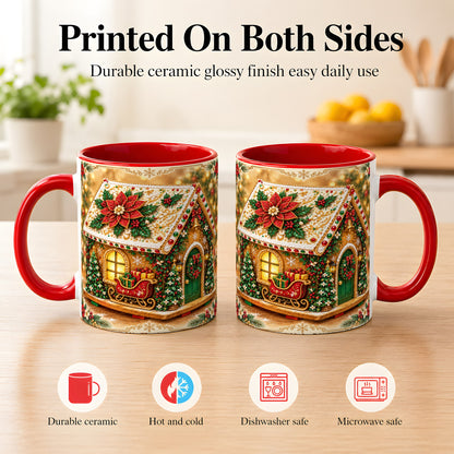 #pl[11oz|Red] Christmas Gingerbread Coffee Mug, Poinsettia House Mug, Ceramic Cup