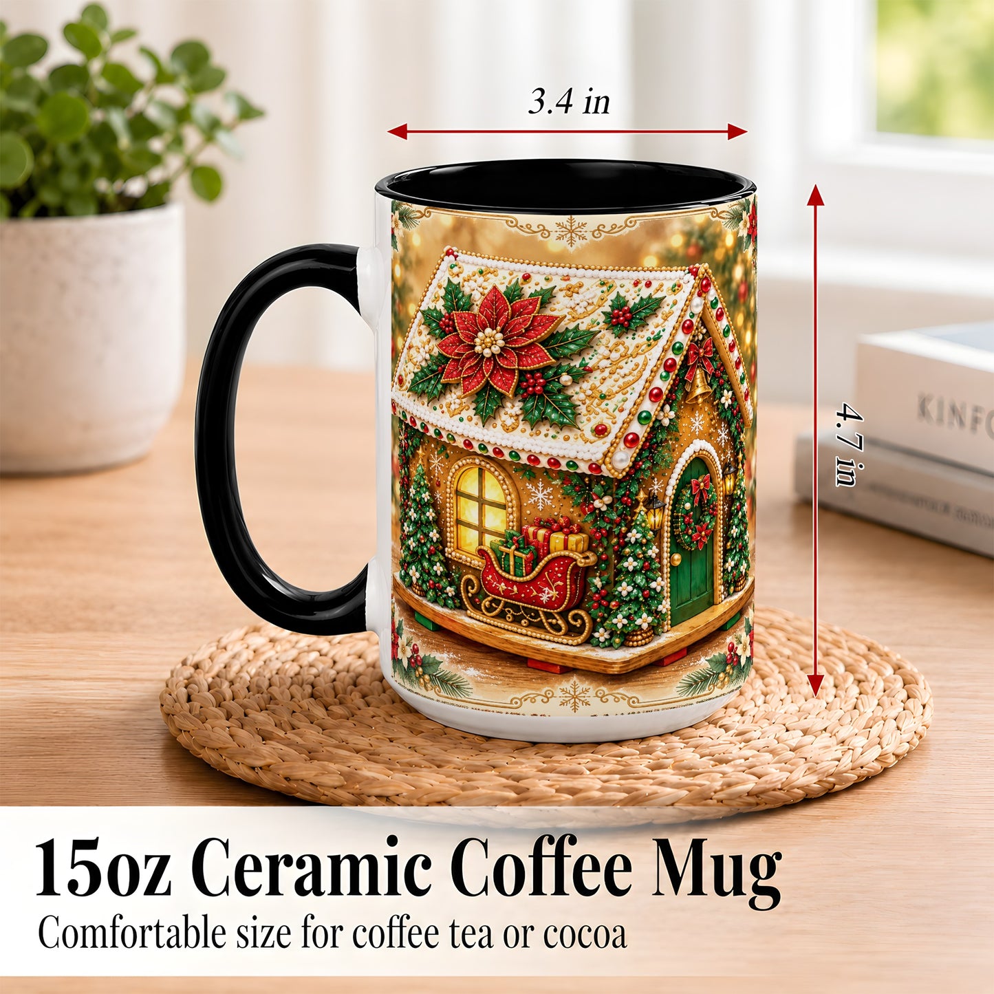 #pl[15oz|Black] Christmas Gingerbread Coffee Mug, Poinsettia House Mug, Ceramic Cup