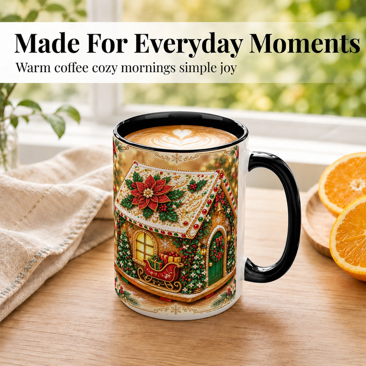 #pl[15oz|Black] Christmas Gingerbread Coffee Mug, Poinsettia House Mug, Ceramic Cup