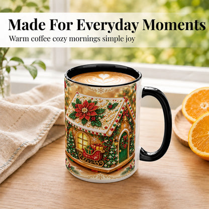 #pl[15oz|Black] Christmas Gingerbread Coffee Mug, Poinsettia House Mug, Ceramic Cup
