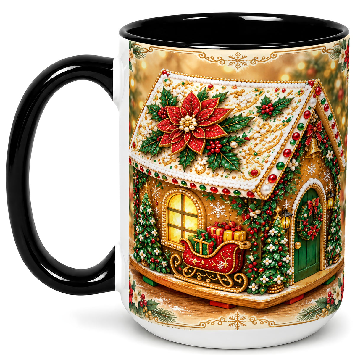 #pl[15oz|Black] Christmas Gingerbread Coffee Mug, Poinsettia House Mug, Ceramic Cup