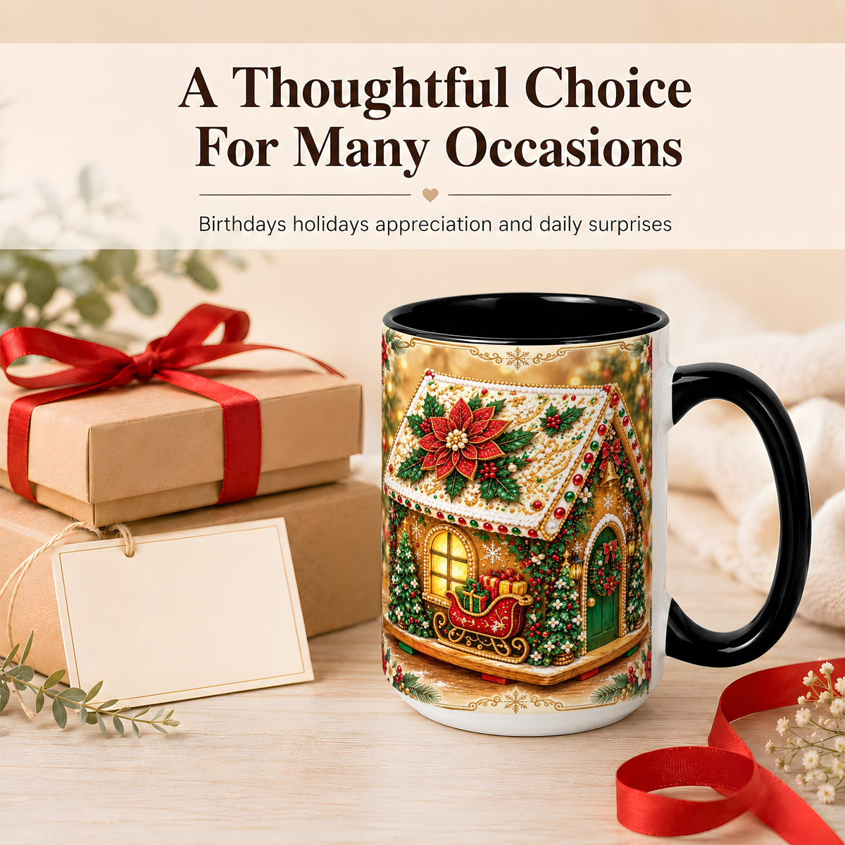 #pl[15oz|Black] Christmas Gingerbread Coffee Mug, Poinsettia House Mug, Ceramic Cup