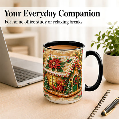 #pl[15oz|Black] Christmas Gingerbread Coffee Mug, Poinsettia House Mug, Ceramic Cup