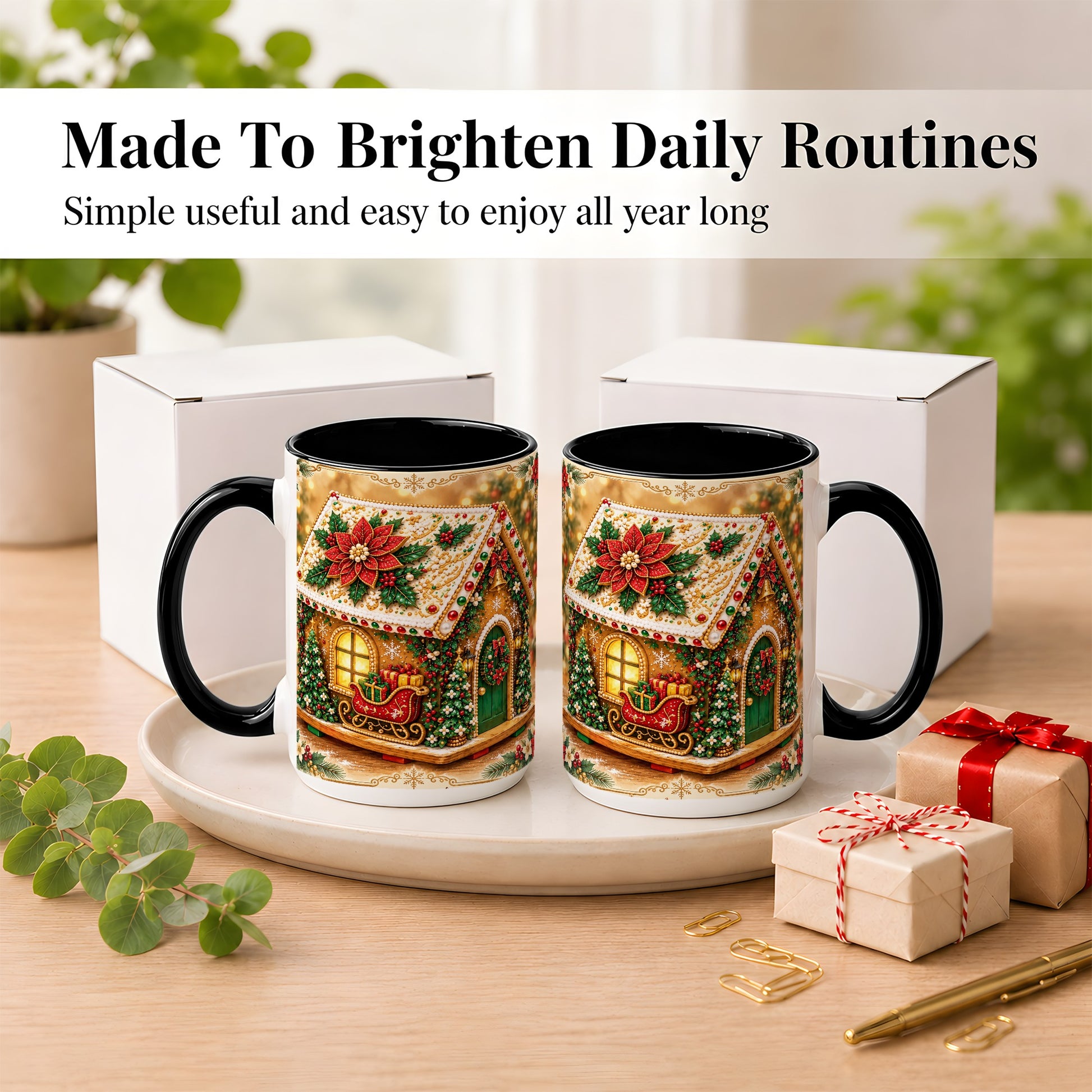 #pl[15oz|Black] Christmas Gingerbread Coffee Mug, Poinsettia House Mug, Ceramic Cup
