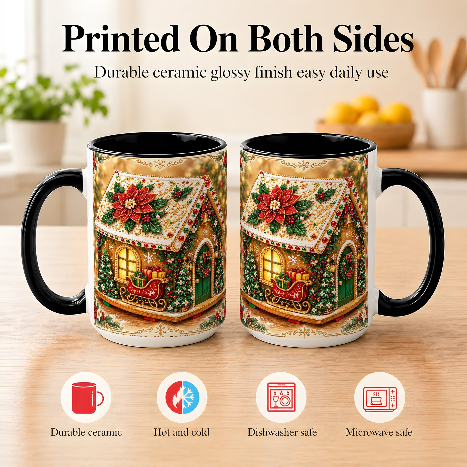 #pl[15oz|Black] Christmas Gingerbread Coffee Mug, Poinsettia House Mug, Ceramic Cup