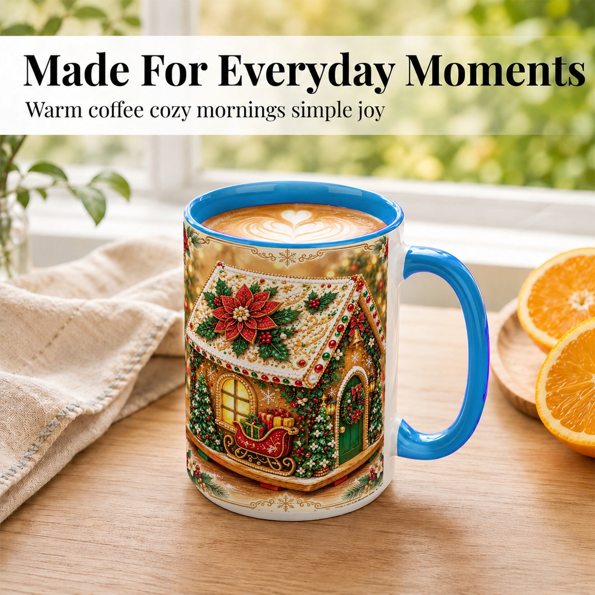 #pl[15oz|Blue] Christmas Gingerbread Coffee Mug, Poinsettia House Mug, Ceramic Cup