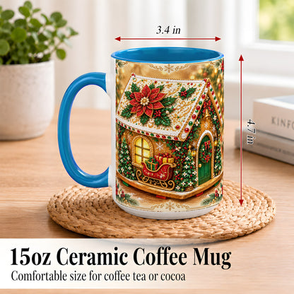 #pl[15oz|Blue] Christmas Gingerbread Coffee Mug, Poinsettia House Mug, Ceramic Cup