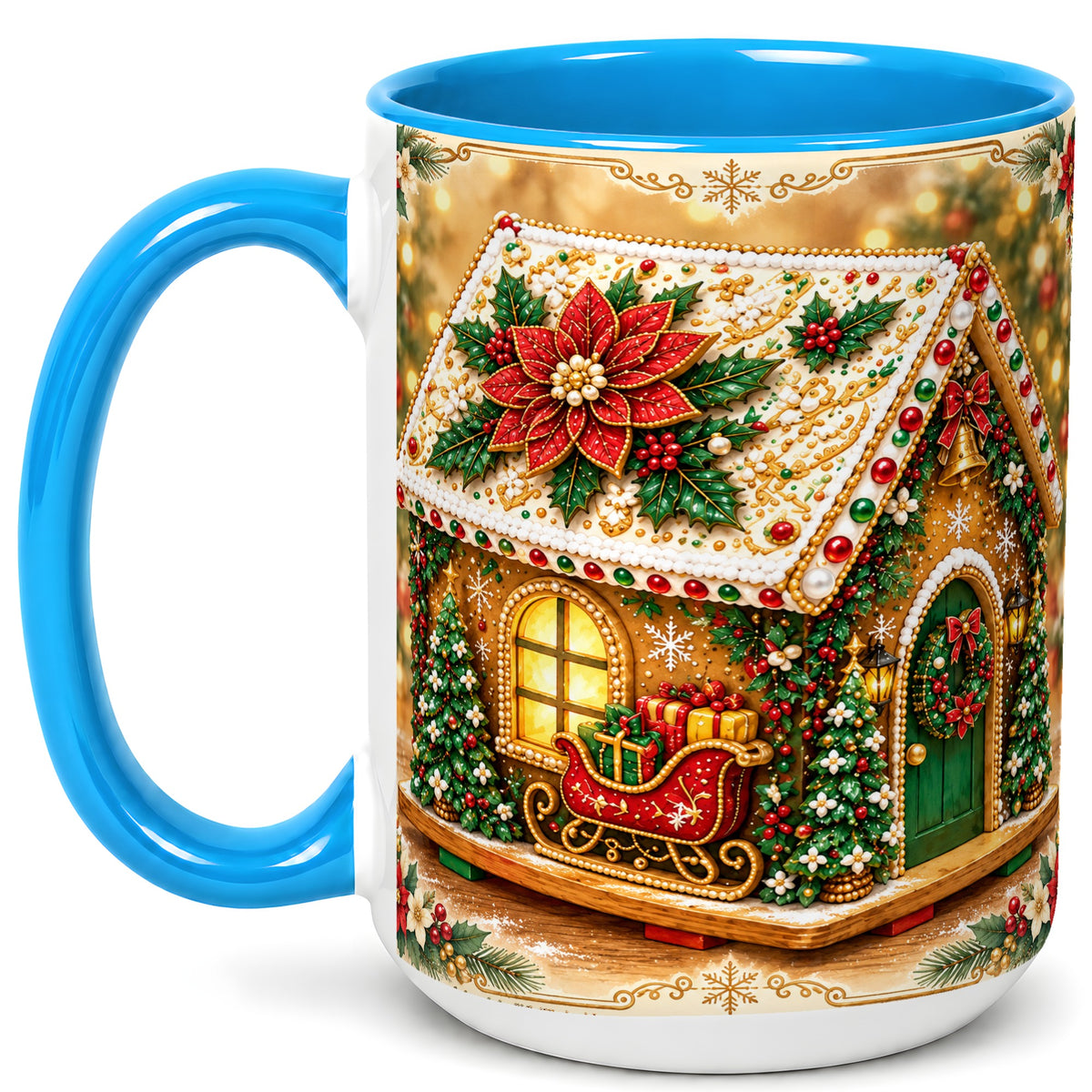 #pl[15oz|Blue] Christmas Gingerbread Coffee Mug, Poinsettia House Mug, Ceramic Cup