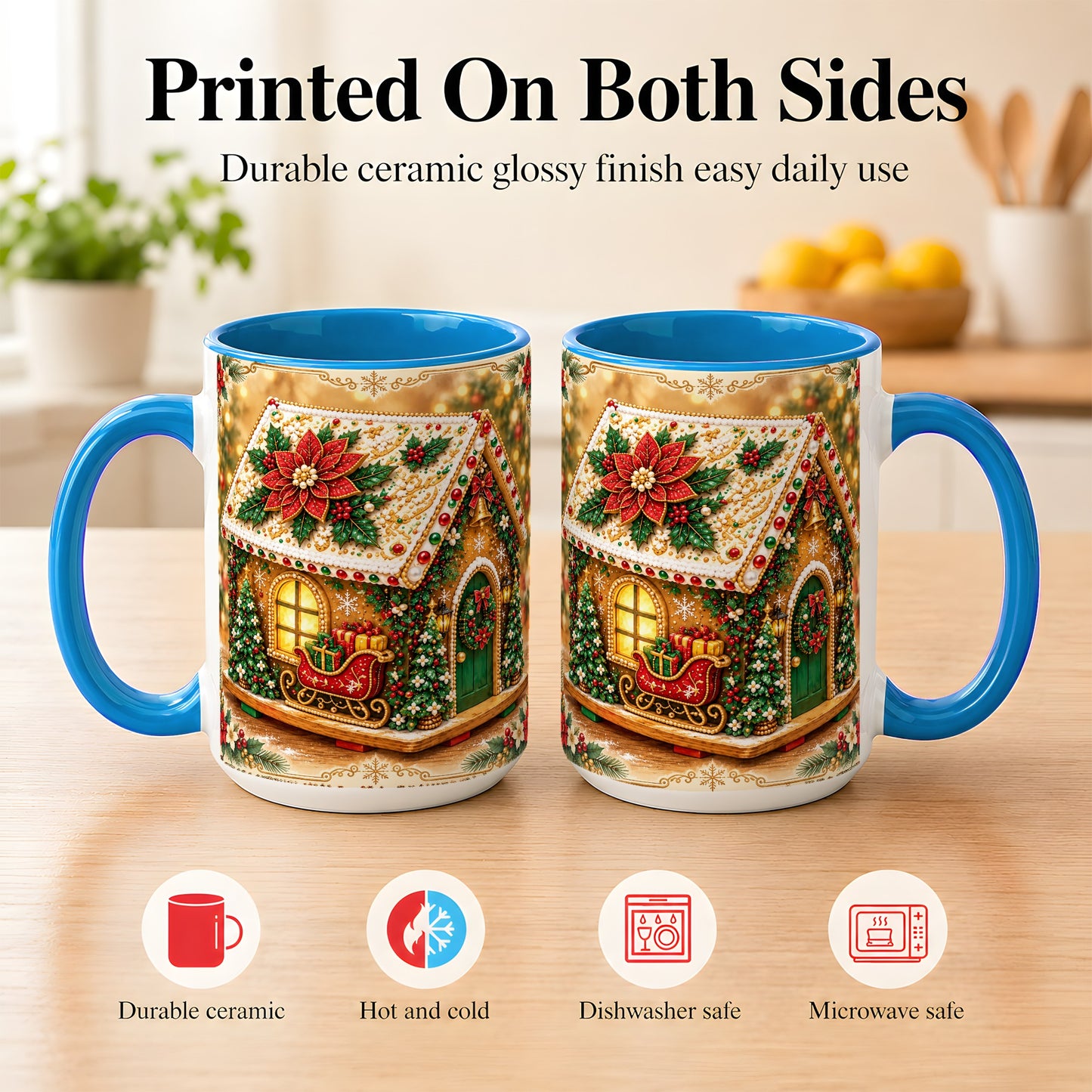 #pl[15oz|Blue] Christmas Gingerbread Coffee Mug, Poinsettia House Mug, Ceramic Cup