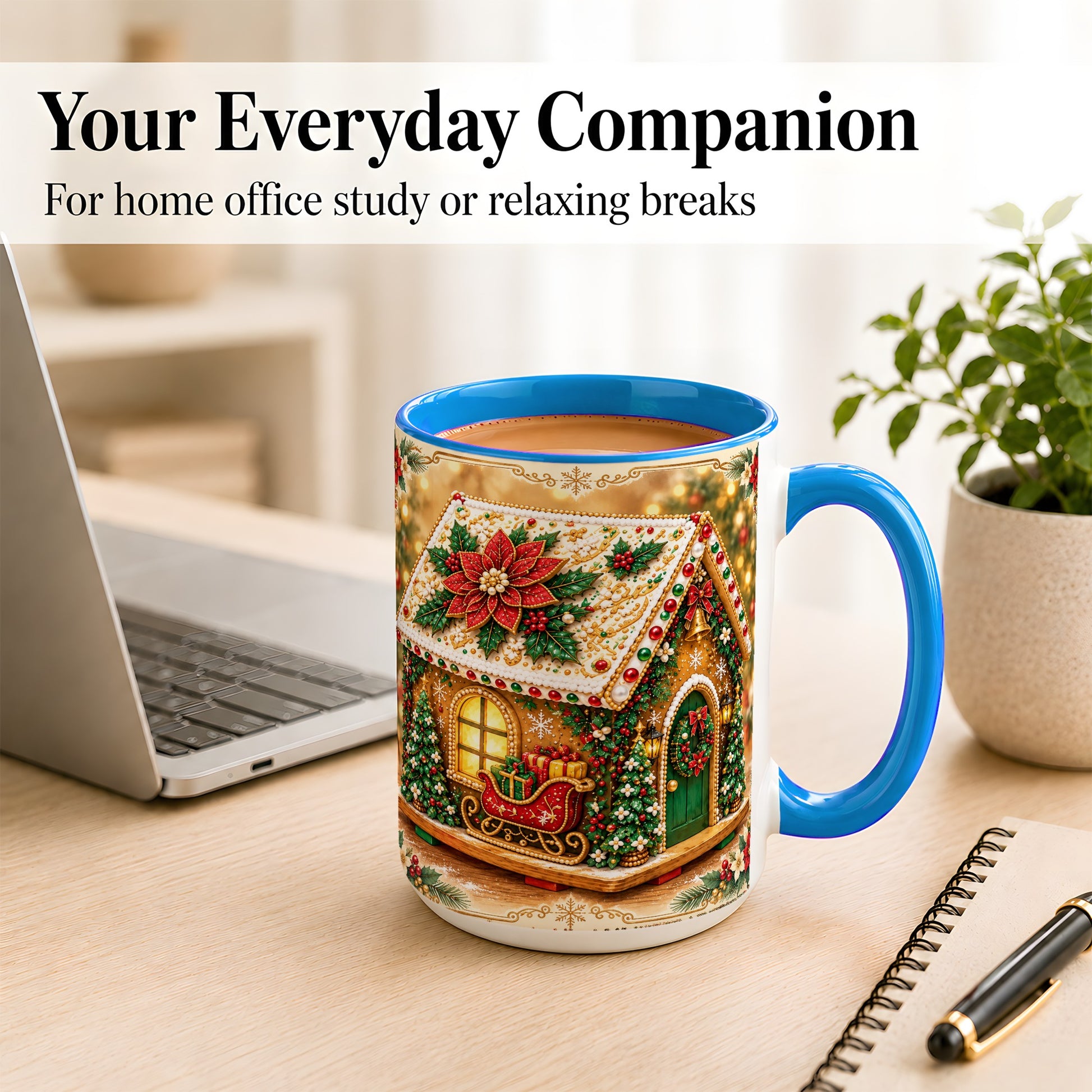#pl[15oz|Blue] Christmas Gingerbread Coffee Mug, Poinsettia House Mug, Ceramic Cup