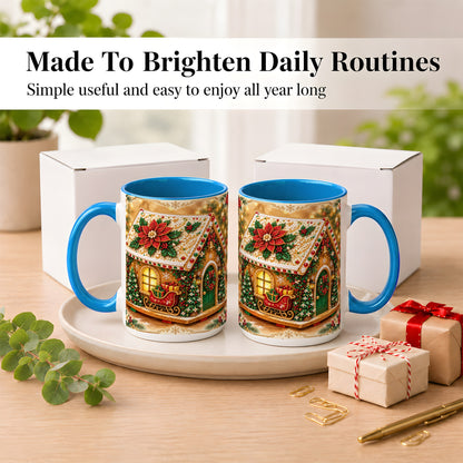 #pl[15oz|Blue] Christmas Gingerbread Coffee Mug, Poinsettia House Mug, Ceramic Cup