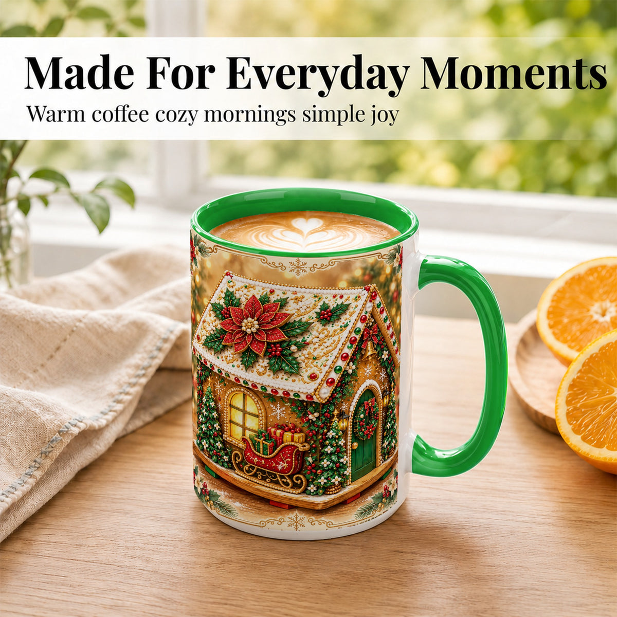 #pl[15oz|Green] Christmas Gingerbread Coffee Mug, Poinsettia House Mug, Ceramic Cup