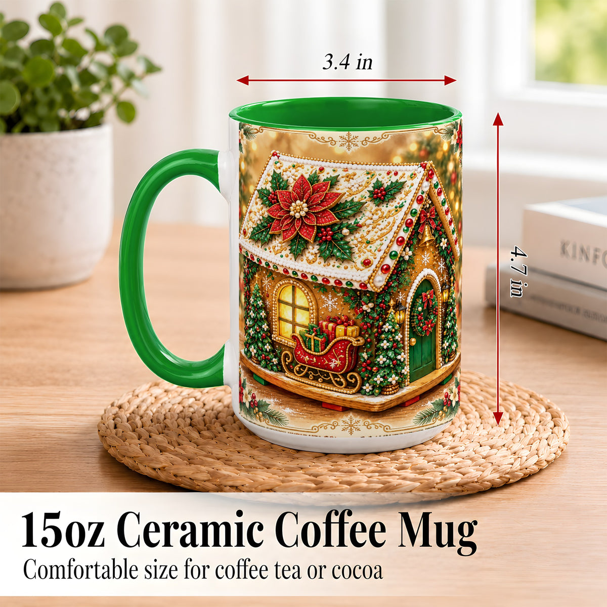 #pl[15oz|Green] Christmas Gingerbread Coffee Mug, Poinsettia House Mug, Ceramic Cup