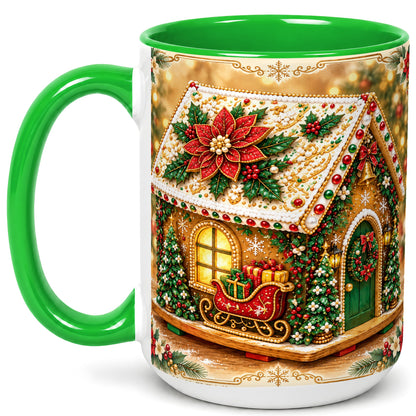#pl[15oz|Green] Christmas Gingerbread Coffee Mug, Poinsettia House Mug, Ceramic Cup