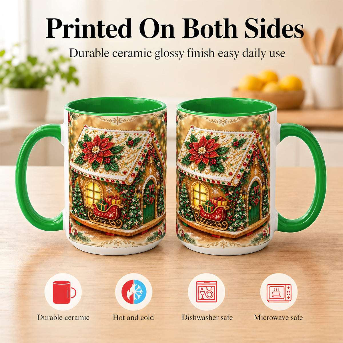 #pl[15oz|Green] Christmas Gingerbread Coffee Mug, Poinsettia House Mug, Ceramic Cup