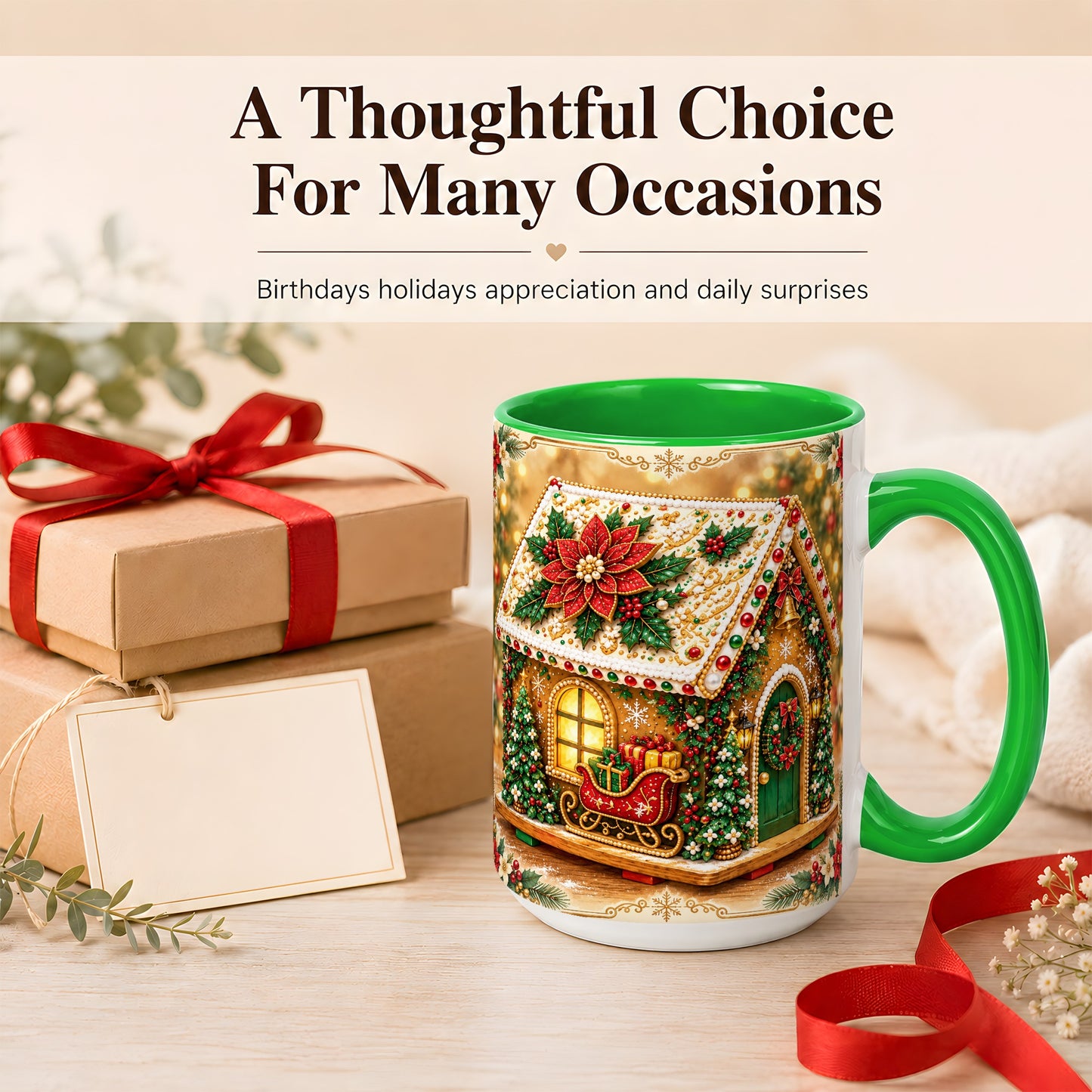 #pl[15oz|Green] Christmas Gingerbread Coffee Mug, Poinsettia House Mug, Ceramic Cup