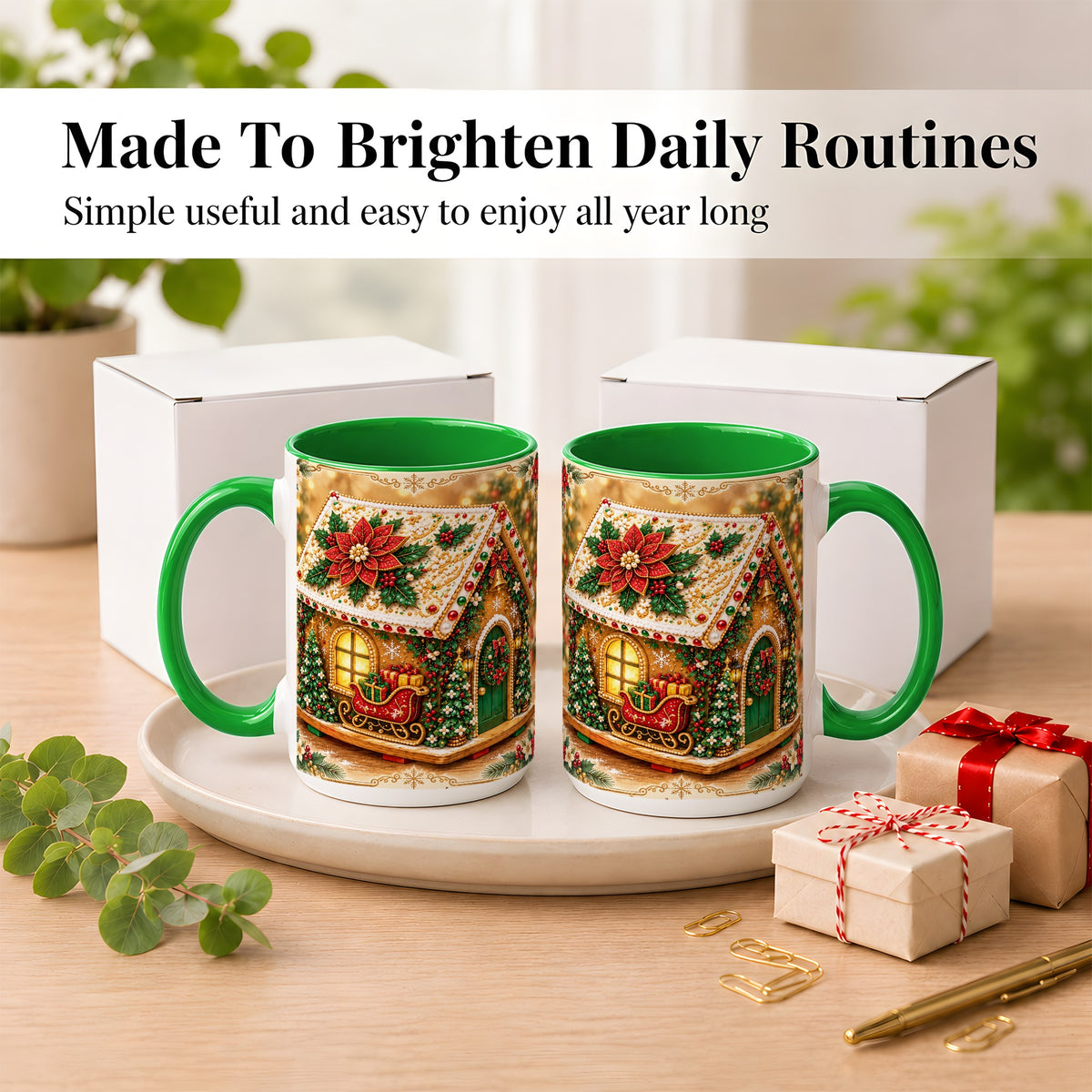 #pl[15oz|Green] Christmas Gingerbread Coffee Mug, Poinsettia House Mug, Ceramic Cup