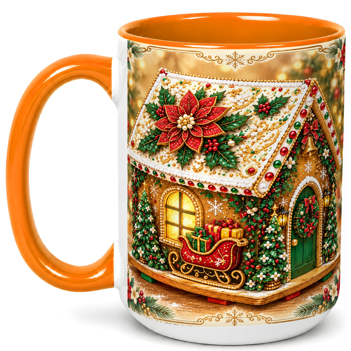 #pl[15oz|Orange] Christmas Gingerbread Coffee Mug, Poinsettia House Mug, Ceramic Cup