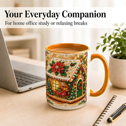 #pl[15oz|Orange] Christmas Gingerbread Coffee Mug, Poinsettia House Mug, Ceramic Cup