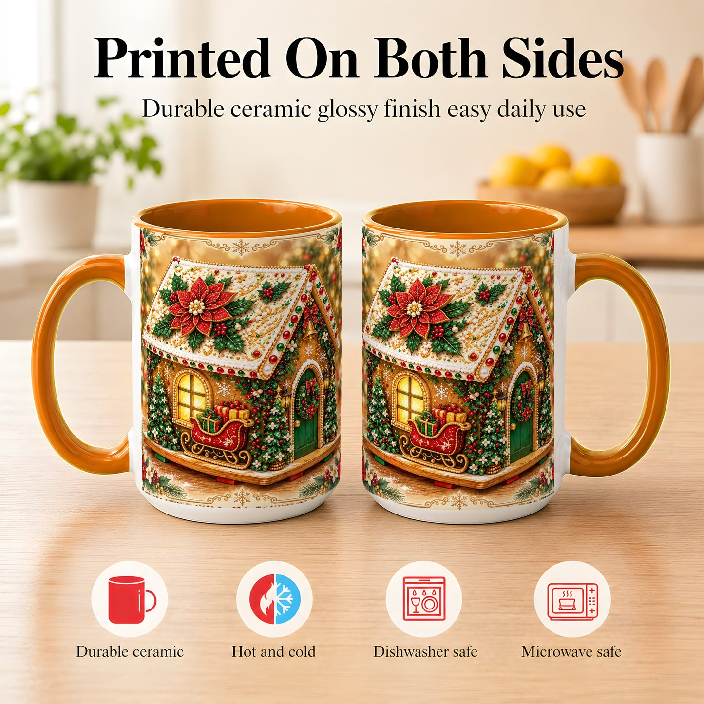 #pl[15oz|Orange] Christmas Gingerbread Coffee Mug, Poinsettia House Mug, Ceramic Cup