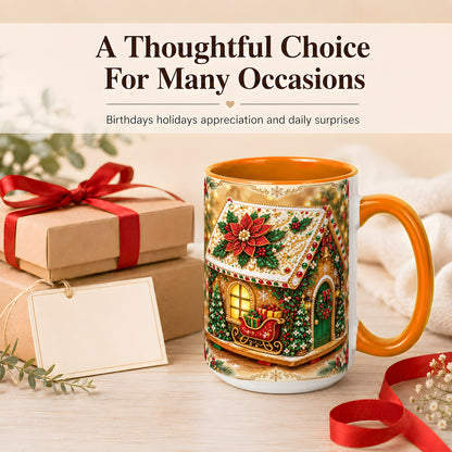 #pl[15oz|Orange] Christmas Gingerbread Coffee Mug, Poinsettia House Mug, Ceramic Cup