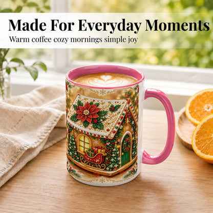 #pl[15oz|Pink] Christmas Gingerbread Coffee Mug, Poinsettia House Mug, Ceramic Cup