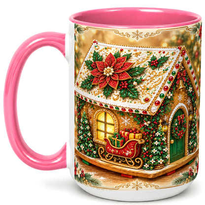 #pl[15oz|Pink] Christmas Gingerbread Coffee Mug, Poinsettia House Mug, Ceramic Cup