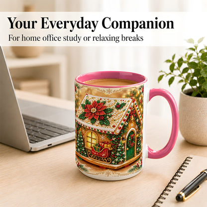 #pl[15oz|Pink] Christmas Gingerbread Coffee Mug, Poinsettia House Mug, Ceramic Cup