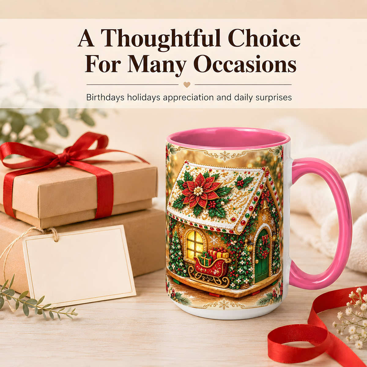 #pl[15oz|Pink] Christmas Gingerbread Coffee Mug, Poinsettia House Mug, Ceramic Cup