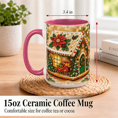 #pl[15oz|Pink] Christmas Gingerbread Coffee Mug, Poinsettia House Mug, Ceramic Cup