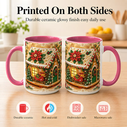 #pl[15oz|Pink] Christmas Gingerbread Coffee Mug, Poinsettia House Mug, Ceramic Cup