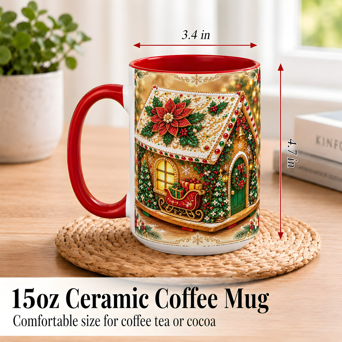 #pl[15oz|Red] Christmas Gingerbread Coffee Mug, Poinsettia House Mug, Ceramic Cup