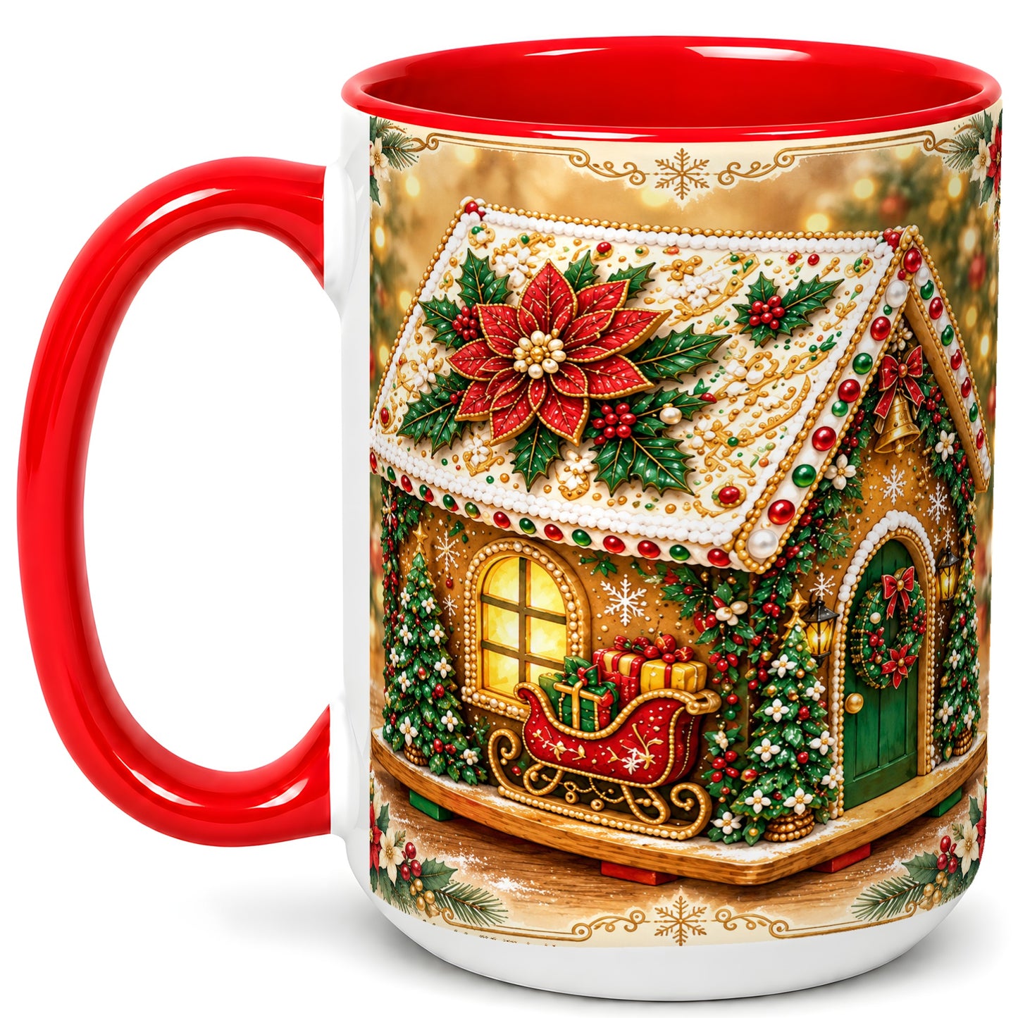 #pl[15oz|Red] Christmas Gingerbread Coffee Mug, Poinsettia House Mug, Ceramic Cup