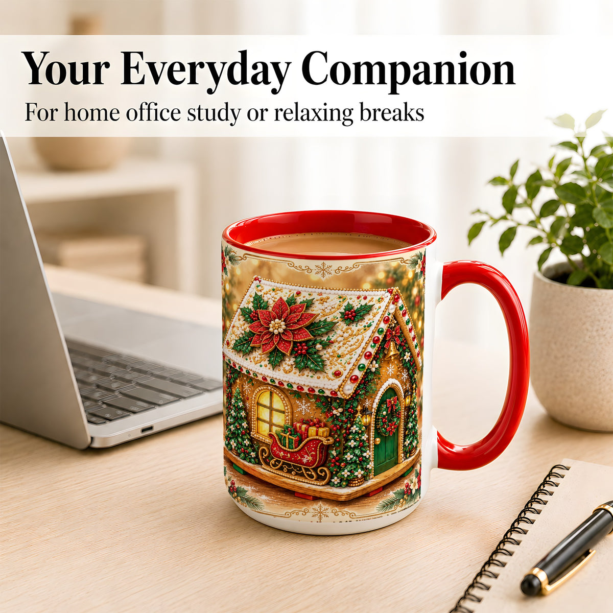 #pl[15oz|Red] Christmas Gingerbread Coffee Mug, Poinsettia House Mug, Ceramic Cup