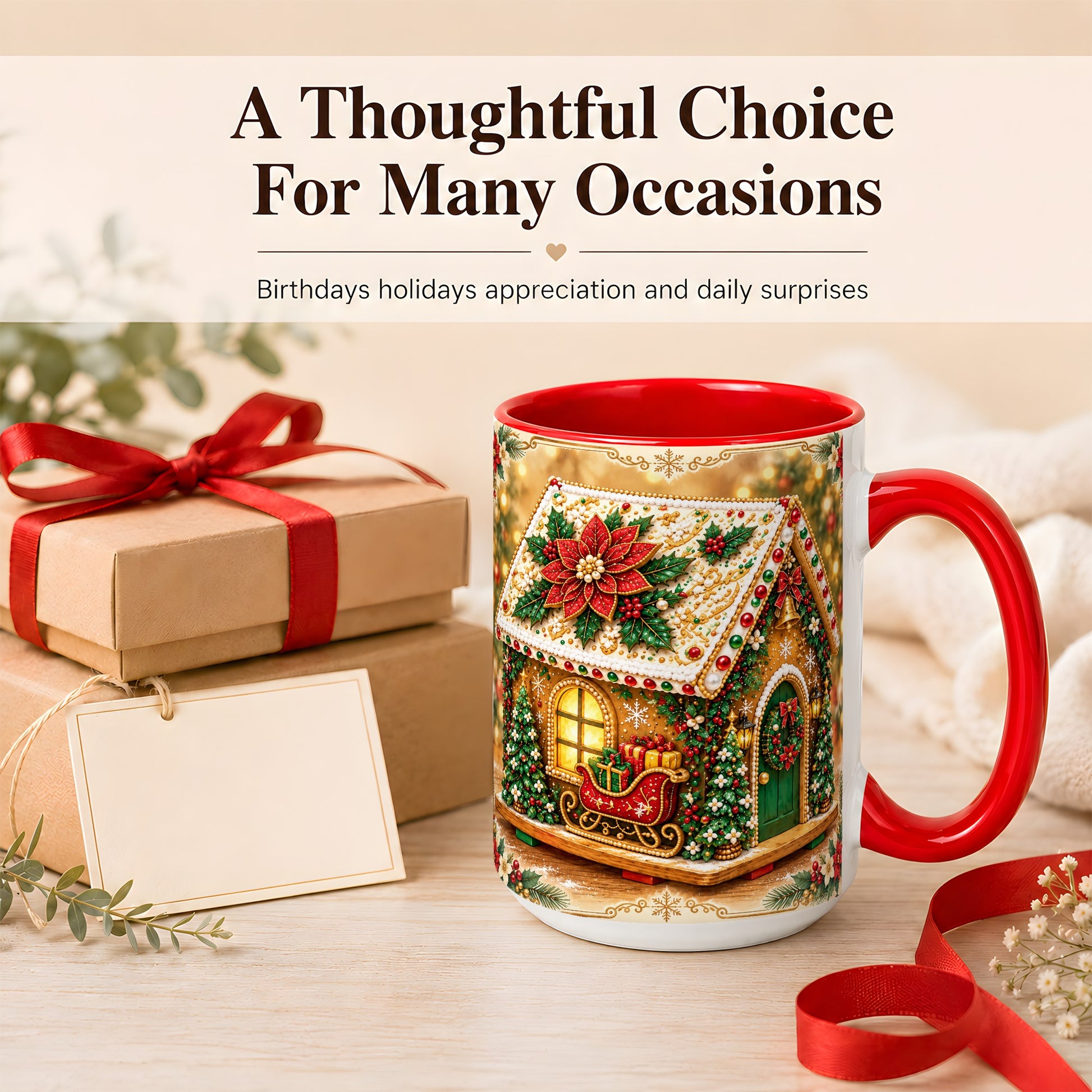 #pl[15oz|Red] Christmas Gingerbread Coffee Mug, Poinsettia House Mug, Ceramic Cup