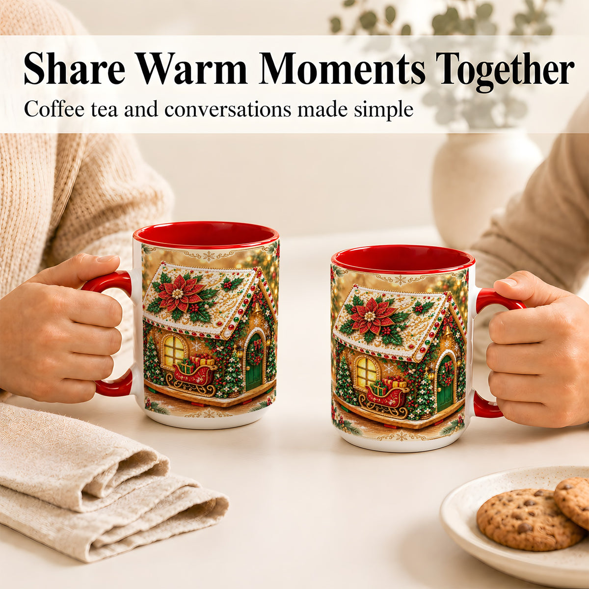 #pl[15oz|Red] Christmas Gingerbread Coffee Mug, Poinsettia House Mug, Ceramic Cup